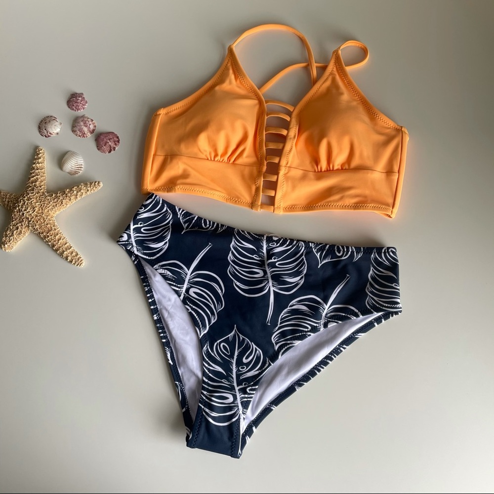 Yellow/ Navy Floral Cupshe Bikini Set (Small)